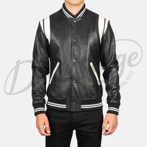 Blouson bomber en cuir véritable noir pour homme avec contraste blanc sur les épaules et poignets côtelés rayés, style classique, vêtement d'extérieur - Product Image 3