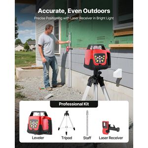 Kit Livella Laser Rotante Autolivellante a 360 Gradi da 1650ft con Treppiede, Ricevitore, Telecomando e Scala - Trasmissione Laser Orizzontale a 360° - Product Image 2