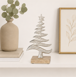 Handmade Modern Metal Christmas <b>Tree</b> Sculpture With Star Top & Creative Natural Wooden Base Elegant Silver-Toned Aluminum Decor - Product Image 4
