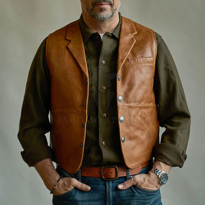 Men's Brown Leather Vest Single Breasted Turn-down Collar Casual Outerwear Regular Length Solid Color Button Closure - Product Image 3