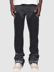 Jean évasé empilé pour homme, en denim tissé formel, peint à la main, noir, avec empiècements contrastants, écologique, délavé léger, collection automne - Product Image 4