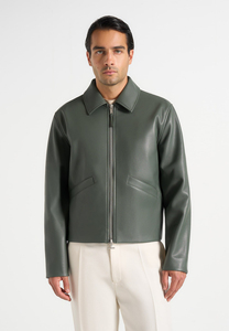 Men's Green PU Leather <b>Bomber</b> <b>Jacket</b> Turn-Down Collar Zipper Closure Casual Style Autumn Wear - Product Image 4