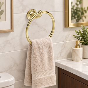 Porte-serviette rond moderne en laiton poli avec plaque arrière circulaire lisse, accessoire mural haut de gamme pour salle de bain et hôtel - Product Image 4