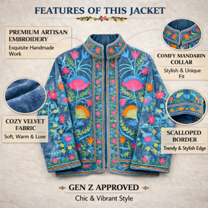 Manteau en velours artisanal de luxe, brodé à la main, col montant floral, vêtements de boutique en gros - Product Image 6