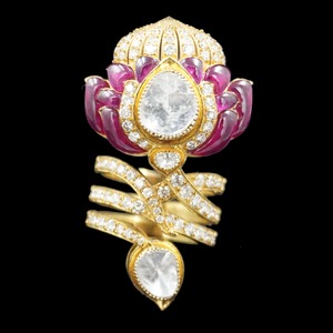 Impresionante anillo de doble dedo con diamantes Polki en forma de loto, en oro de 14K, diseñado para eventos de lujo, anillo de fiesta con engaste Talaf. - Product Image 1