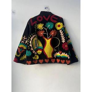 Amorzinho Hand Embroidered Floral Suzani Raw Unisex Full Sleeve Stand Collar <b>Black</b> <b>Velvet</b> 300g Eco-Friendly Winter Style Cotton - Product Image 2