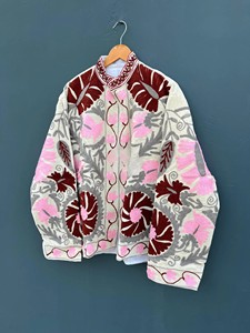 Hand-Embroidered Suzani <b>Jacket</b> Vintage Uzbek Floral Motif Cotton Outerwear Bohemian Style <b>Mandarin</b> <b>Collar</b> Cropped Coat for Women - Product Image 3
