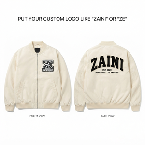 Blouson Bomber Homme en Twill de Polyester Premium 280 GSM Crème, Col Côtelé, Logo Appliqué Personnalisé, Fermeture Éclair Intégrale, Vêtement d'extérieur Décontracté - Product Image 1