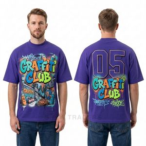 Camisetas Moradas con Hombros Caídos y Estampado Gráfico de Graffiti Colorido, Estilo Urbano Juvenil, Oversize, Casual, Streetwear - Product Image 3