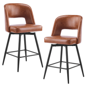 2pcs Brown PU Swivel Bar Stools with Open Backrest and Metal Legs - Product Image 1