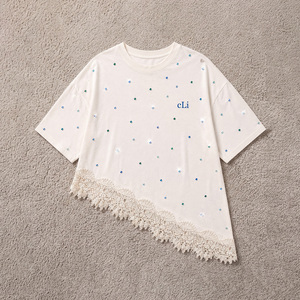 Sparkling Rhinestone Custom <b>Bohemian</b> Beaded Lace Hem Loose Fit women's shirt Asymmetric Design <b>Top</b> Drop Shoulder Cotton Shirt - Product Image 3