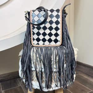 Conjunto de 2 Piezas de Bolso Tote de Cuero Genuino Hecho a Mano y Bolso de Mano con Flecos, Bolso Bandolera de Cuero a Cuadros Hecho a Mano - Product Image 4