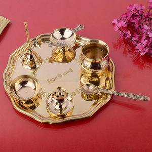 Juego de Thali de Metal Premium para Pooja con Diseño Grabado Shubh Labh, Acabado Dorado, Bandeja Decorativa para Puja con Campana Tradicional y Diya - Product Image 2