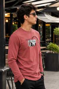 <b>Men's</b> <b>Long</b> <b>Sleeve</b> T-<b>Shirt</b> Pure Cotton O-Neck Solid for <b>Red</b> Regular Fit Casual Front Logo Breathable - Product Image 4