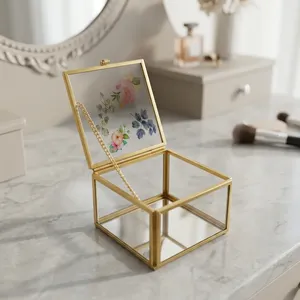 Artisan Design Glass Jewelry Box Brass/<b>Mirror</b> Frame Floral Lid Design <b>Square</b> Shape Bedroom Storage Modern Style Decorative - Product Image 1