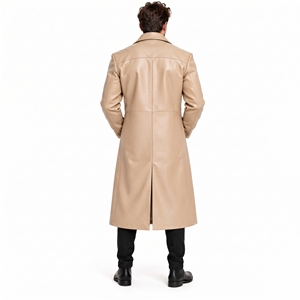 Manteau long en cuir véritable beige pour homme, style trench, col rabattu, simple boutonnage, idéal pour l'hiver – Vente en gros - Product Image 3