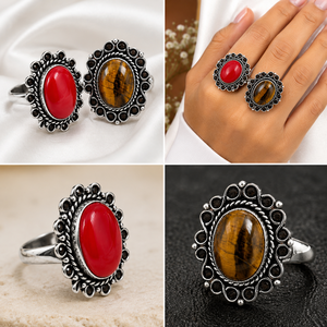 Wholesale Oxidized Silver Tiger Eye Red Coral Gemstone Bezel Setting <b>Ring</b> Women | Vintage Handmade Bohemian <b>Statement</b> Jewelry - Product Image 2