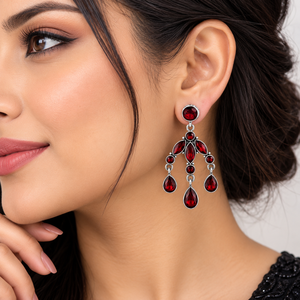 Wholesale Oxidized Silver Fashion Dangle <b>Earrings</b> Red Gemstone Chandelier Drop <b>Earrings</b> for Women - Product Image 2