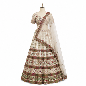 Luxury Ivory <b>Mirror</b> Work Embroidered Lehenga Choli <b>with</b> Dupatta Designer Indian Bridal Wedding Festive Ethnic Traditional Women - Product Image 1