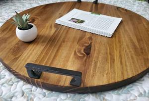 Bandeja redonda de madera rústica hecha a mano, bandeja para mesa de centro otomana, bandeja de madera multiusos - Product Image 2