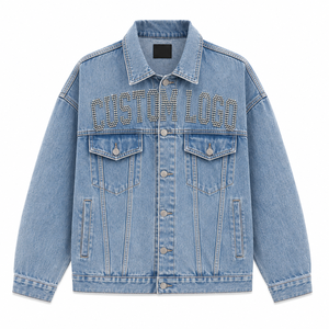Custom Rhinestone Denim Jacket Personalized Logo <b>Light</b> Blue Jean Jacket Wholesale - Product Image 1