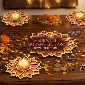 Ensemble de porte-diya en bois, design floral de lotus décoratif traditionnel, fait main, écologique, durable, pour Deepawali, Laxmi Pooja, mariage - Product Image 4