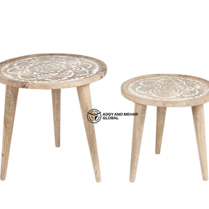Handcrafted Round Wooden Nesting Tables Set of 2 with Carved Pattern Top – Rustic Mango <b>Wood</b> Side Tables for Living Room - Product Image 5