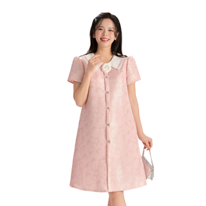 Robe trapèze rose en taffetas à manches courtes B2 MUM V1505, 2 couches, poches latérales, cordon de serrage réglable des deux côtés, convient aux femmes enceintes - Product Image 1