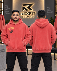 Sweat-shirt à capuche délavé rose corail pour homme, avec emblème graphique, effet vieilli, coupe oversize, style streetwear, personnalisable OEM, vente en gros, haut décontracté - Product Image 2