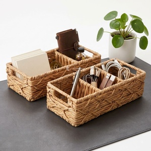 Paniers de rangement rectangulaires en jacinthe d'eau tressée, organisateur multi-compartiments en acier inoxydable, style vintage, durables, lot de 2 - Product Image 2