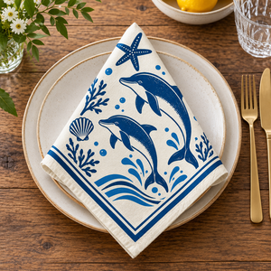 Serviette de table en coton imprimé de qualité supérieure avec motif dauphin et océan – Serviette de table sur le thème de la vie marine côtière avec étoiles de mer, coquillages et vagues - Product Image 1