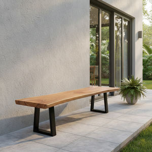 Banc en bois de Suar massif, éco-responsable, durable, avec bord naturel, design minimaliste, pieds en acier, pour salle à manger, café, hôtel, mobilier de resort - Product Image 6