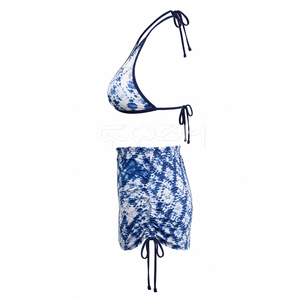 Women’s Blue Tie Dye <b>Two</b> <b>Piece</b> Beachwear <b>Set</b> With Halter Bikini Top And Adjustable Ruched Swim Skirt - Product Image 3