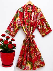 Bata de Baño de Lujo para Mujer, con Estampado Floral, Tejida, Cuello en V, con Cordón Ajustable, Manga 3/4, Largo hasta el Tobillo, 100% Algodón, Transpirable, Informal, para Verano - Product Image 3