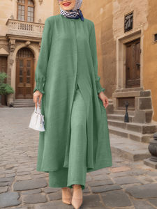 Conjunto de Ropa Étnica de Oriente Medio OEM Glory, Camisa con Puños Fruncidos de Nuevo Estilo Musulmán + Pantalones Largos Drapeados de Color Sólido, Gran Venta - Product Image 5