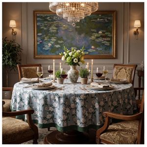 Latest Design Indian Manufacturer Floral Printed Cotton 10 Seater Round 275 cms <b>Tablecloth</b> Classic Washable Home Use Woven - Product Image 1