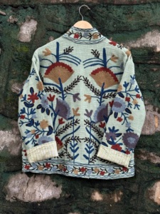 Mint Floral <b>Velvet</b> Woven Sujani Cotton <b>Jacket</b> <b>Women</b> Handmade Embroidery Ethnic Boho Heart Print Autumn Winter - Product Image 5
