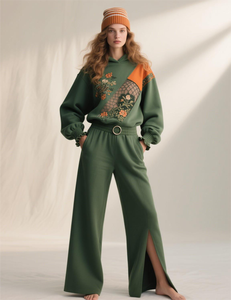 Custom Women's <b>Embroidery</b> Streetwear Heavy Pullover Tracksuit Vintage Distressed Embroidered Flared Sweatpants and Hoodie <b>Set</b> - Product Image 2