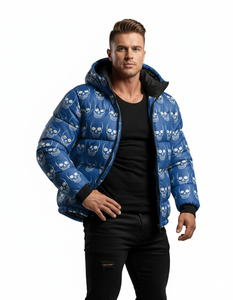 Blouson matelassé à capuche pour homme, imprimé crâne bleu, chaud pour l'hiver, style streetwear, vente en gros personnalisée - Product Image 3