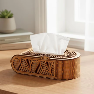 Boîte à mouchoirs rectangulaire en bois naturel durable et moderne avec des sculptures florales décoratives pour la maison ou le bureau - Product Image 1
