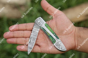 Navaja de bolsillo plegable de acero de Damasco hecha a mano con mango de madera grabado, EDC táctica de supervivencia, DIY, ODM, personalizada - Product Image 2