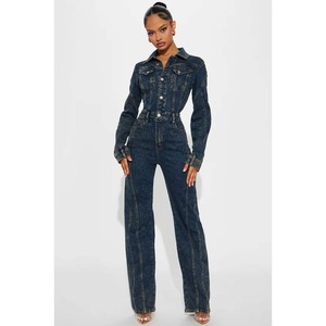 Women's Denim <b>Jumpsuit</b> Long Sleeve High Waist Full Length Skinny Fit Turn-down Collar <b>With</b> <b>Pockets</b> Casual Street Wear - Product Image 2