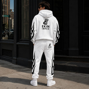 Custom White Flame Zip Up Hoodie Tracksuit Men Fleece Streetwear Jogger <b>Set</b> - Product Image 4