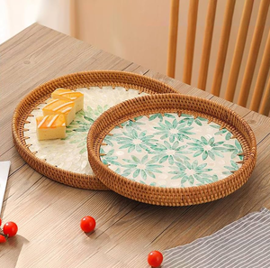 Plateau en nacre et rotin, artisanat, 2 pièces, organisateur, 2 plateaux ronds en rotin et nacre - Product Image 1