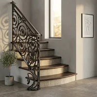 Rampe d'escalier en fer forgé noir de luxe avec motif festonné orné, marches courbes pour une décoration intérieure moderne et élégante HD