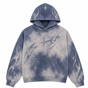 <b>Vintage</b> Acid Wash Tie Dye Hoodie Rhinestone Star Flame Print <b>Oversized</b> Cotton <b>Sweatshirt</b> - Product Image 1