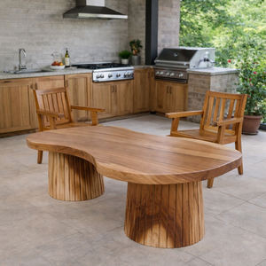 Mesa de Centro de Madera Maciza con Borde Natural, Forma Orgánica, Patas Cilíndricas Acanaladas, Madera de Suar Natural, Mesa Grande con Base, Ideas de Decoración para el Hogar - Product Image 5