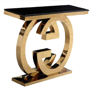 Table console élégante avec plateau noir élégant et base à double piétement en forme d'éventail doré, disponible à prix de gros. - Product Image 3