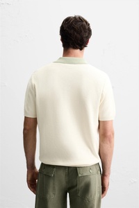 Polo en coton tricoté à manches courtes pour homme, couleur unie, décontracté, respirant, coupe classique, vert clair, col blanc, corps blanc - Product Image 3