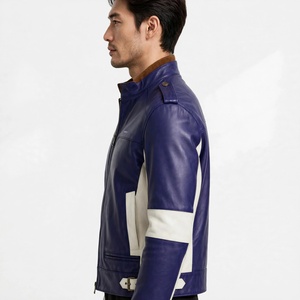 Chaqueta de Motociclista de Cuero Genuino para Hombre, con Bloques de Color, Cuello Alto y Cierre de Cremallera - Product Image 5